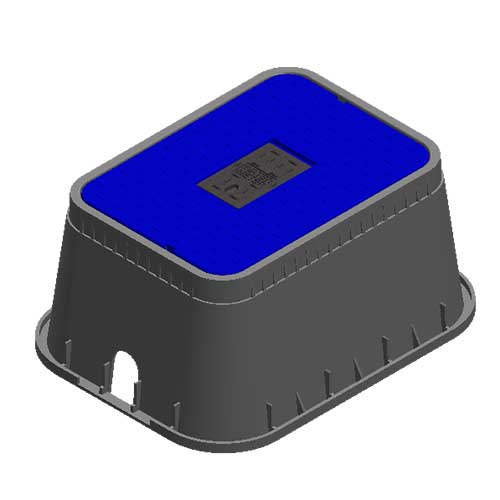 Water Meter Pit Box - 14 in. X 19 in. Rectangular D1200 Meter Box and Drop-in Cover, 12 in. Height, Black Box, Blue Water Meter Cover with Cast Iron Reader - D1200-DICIRBLU