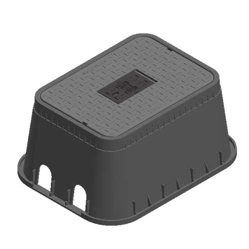 Water Meter Pit Box - 13 in. X 20 in. Rectangular D1500 Meter Box with Dual Pipe Slot and Drop-in Cover, 12 in. Height, Black Box, Black Water Meter Cover with Cast Iron Reader - D1500-DUDICIR