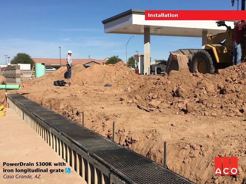 ACO PowerDrain S300K installation at a gas station forecourt
