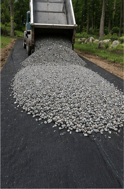Dumping gravel over woven geotextile fabric on a driveway
