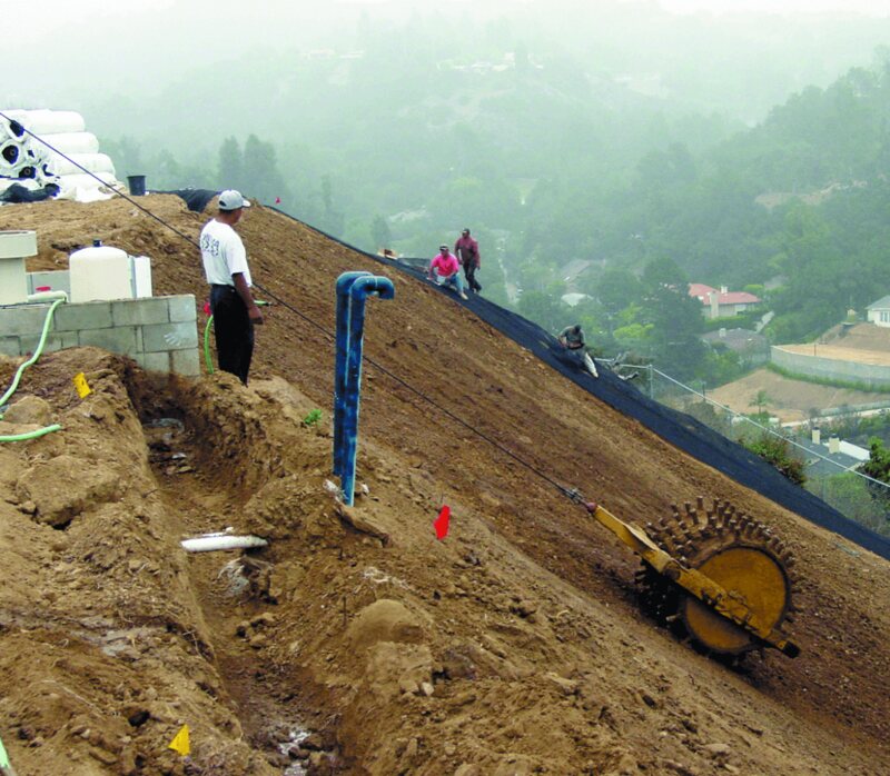 Enkamat R45 turf reinforcement mat installed on a hillside slope for erosion control at a Beverly Hills site
