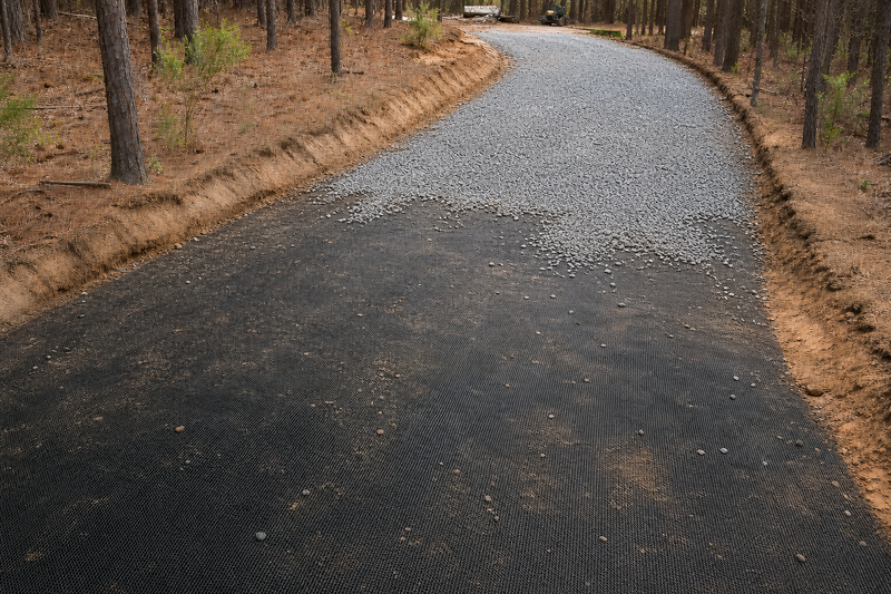 Geotextile fabric base layer on a curved gravel driveway
