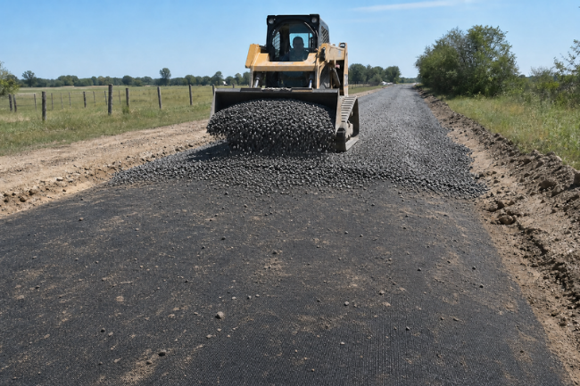 Geotextile road fabric on a rural access road with a skid steer spreading gravel
