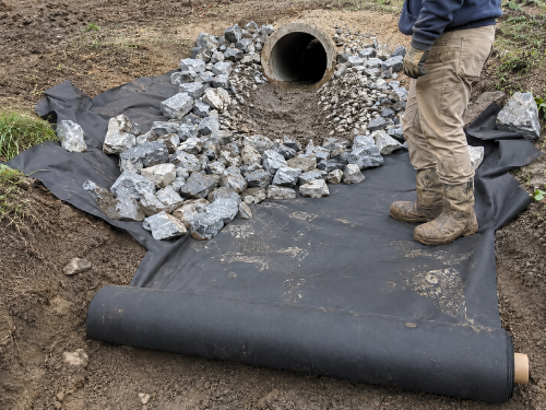Non-woven geotextile fabric under riprap at a culvert outlet for erosion control
