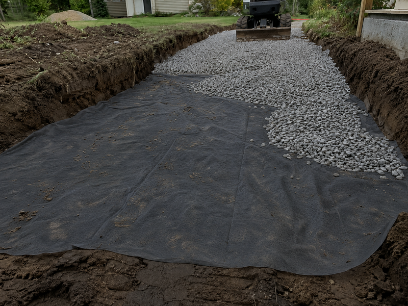 Spreading gravel on non-woven fabric