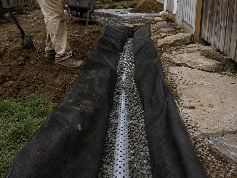 Non-woven geotextile fabric lining a French drain trench with perforated pipe and gravel
