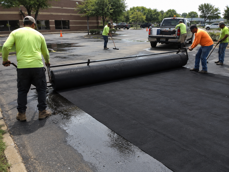 Crew rolling out Petromat paving fabric over an asphalt parking lot before an overlay
