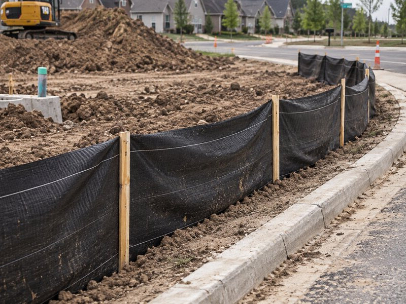 Tract home construction with a silt fence 