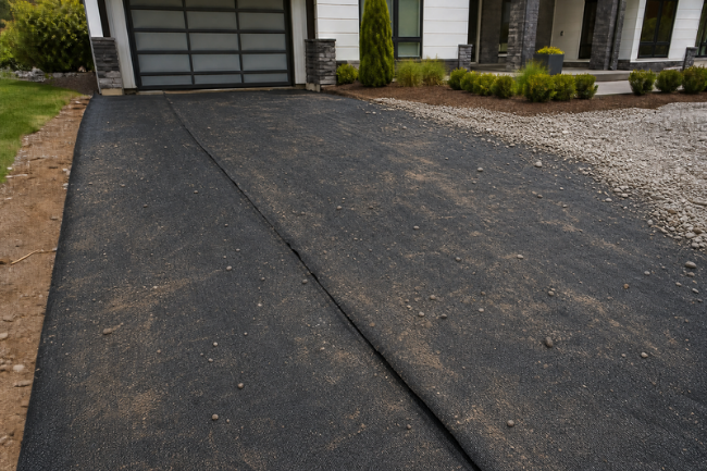 Woven geotextile driveway fabric at a two-car garage home
