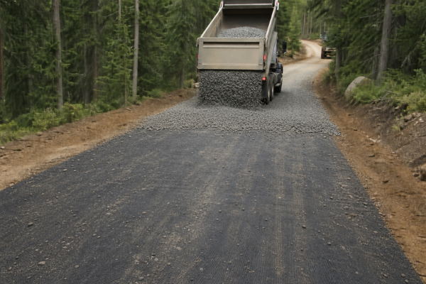 Woven geotextile fabric on a forest service road with a dump truck dumping gravel
