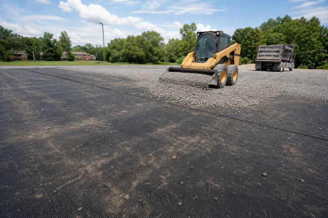 Woven geotextile fabric under gravel in an overflow gravel parking lot
