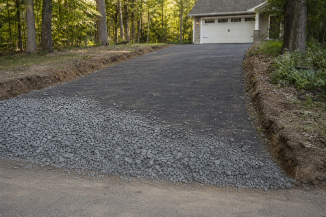 Woven geotextile fabric under gravel on a residential driveway
