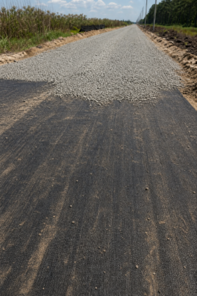 Woven geotextile road base fabric on a highway construction access road
